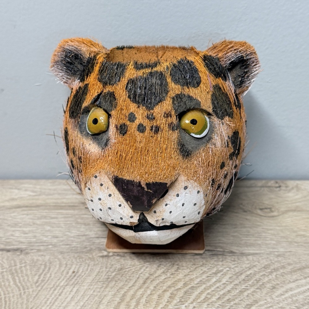 Folk Art Leopard Head Sculpture Primitive Big Cat Animal Bust Handcrafted Decor